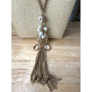 Necklace Lariat Y Gold Tone Long With Pearl & Crystal Drop Pendant Tassel